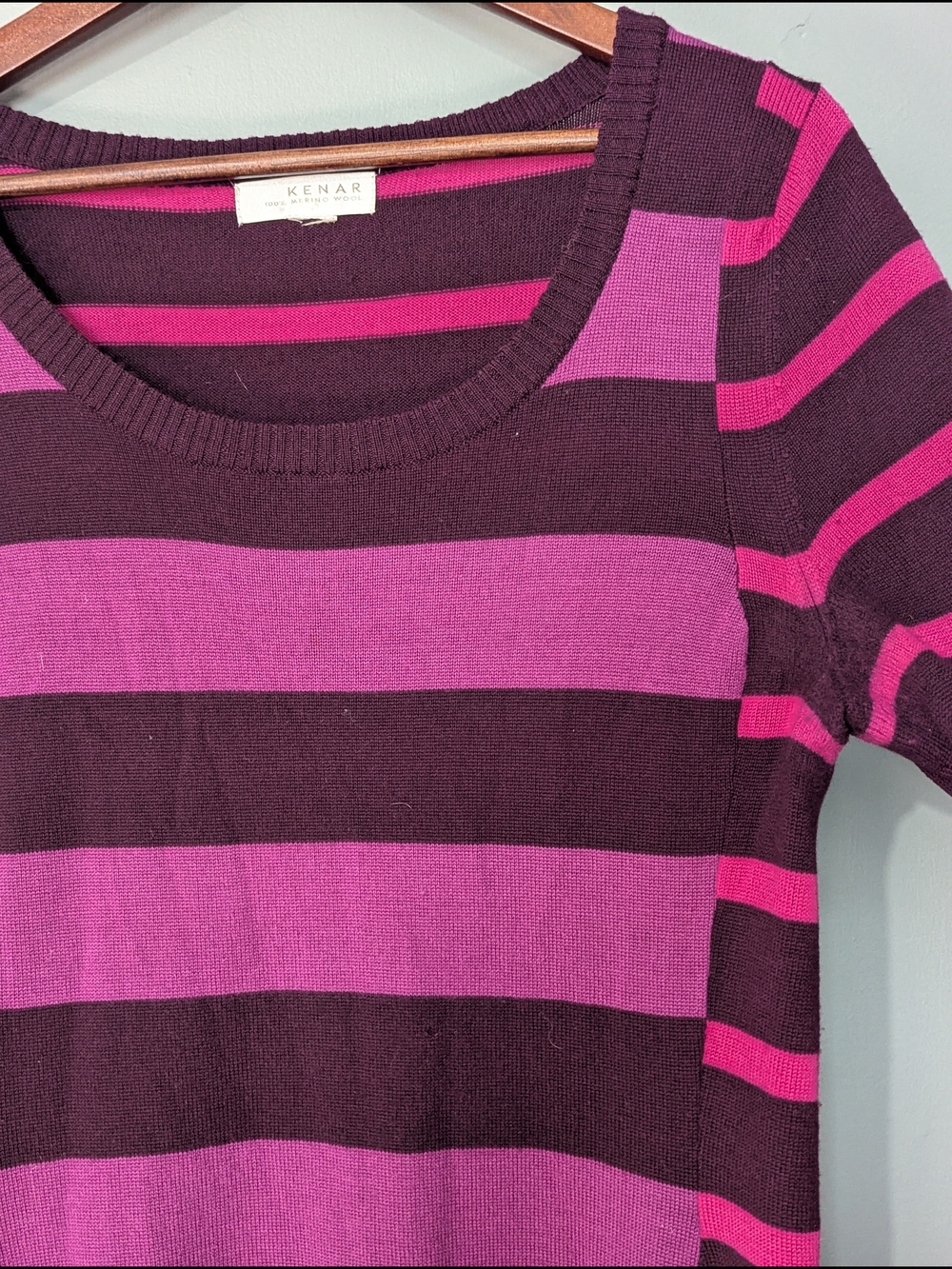 Kenar Women's Marino Wool Striped Scoop Neck Tunic Dress Magenta 90s Grunge - Picture 4 of 11